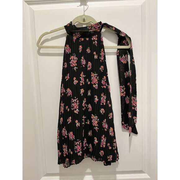 Elle Pleated Halter Top Size XL With Neck Tie For Bow Black Floral Print Lined - Picture 1 of 11